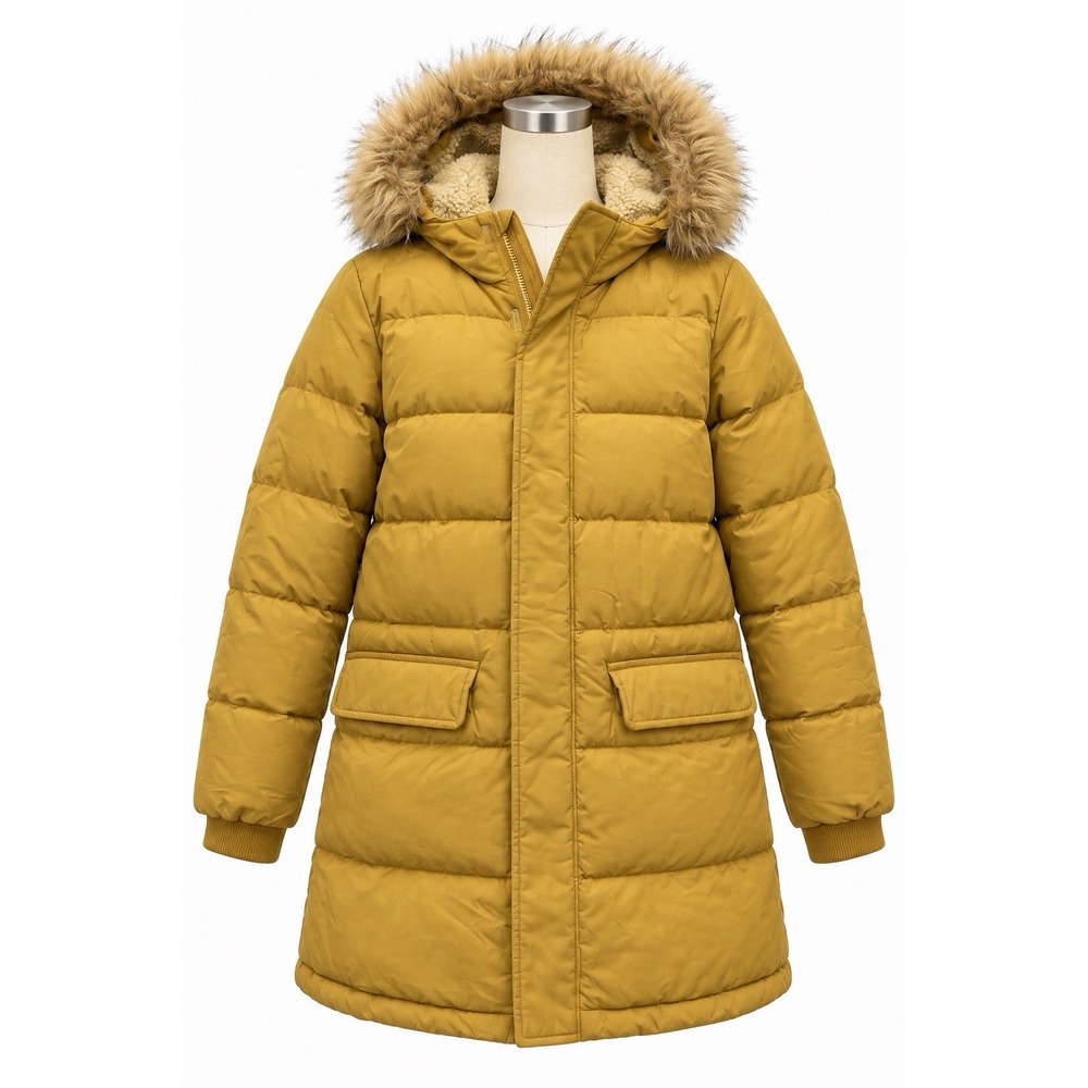 UNIQLO Coat Kids 13-14 Yellow Hooded Faux Fur Trim Puffer Parka Winter Warm